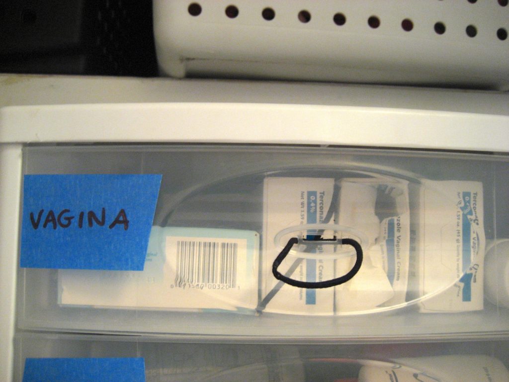OCD toiletry drawer labeled Vagina