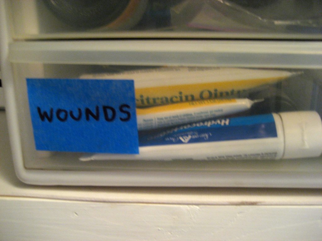 OCD toiletry drawer labeled Wounds