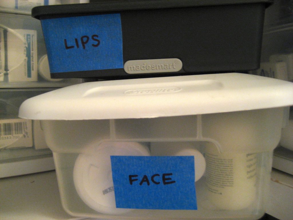 OCD toiletry drawer labeled Face, Lips