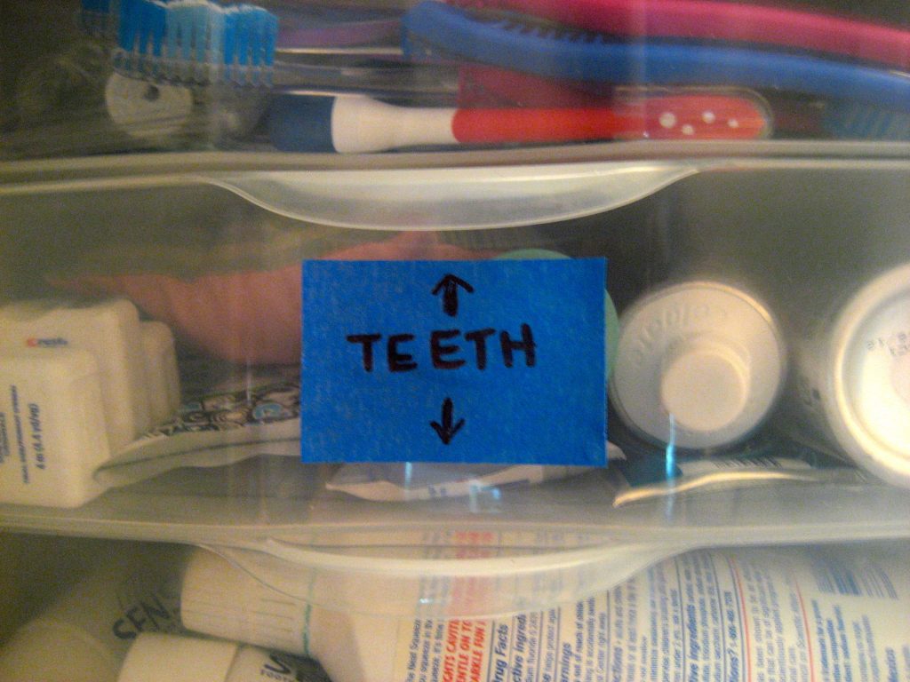 OCD toiletry drawer labeled Teeth