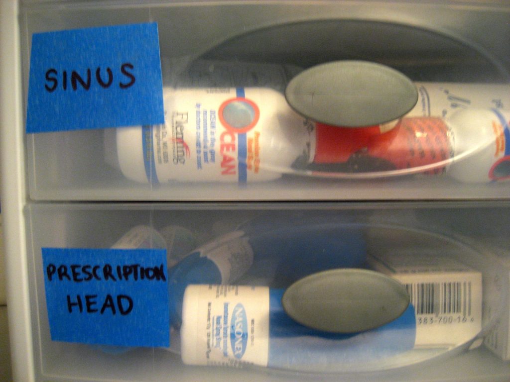 OCD toiletry drawer labeled Sinus & Head